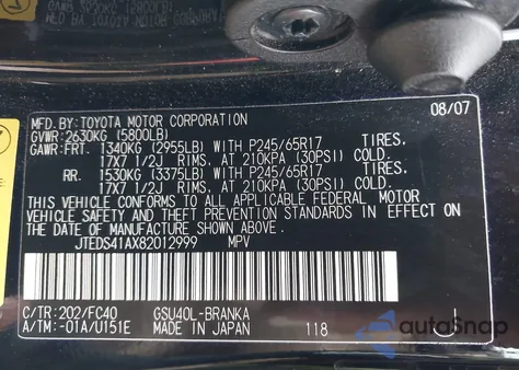 2008 Toyota Highlander z USA, uszkodzony, nr VIN JTEDS41AX82012999